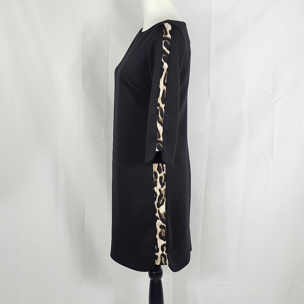 Vince Camuto Scuba Mini Dress Black with Leopard Panels 3/4 Sleeves- bb1 - Picture 2 of 8